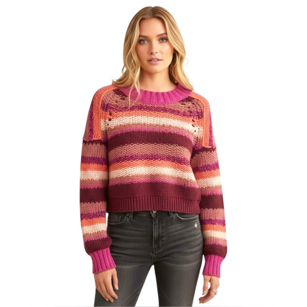 Free People Devon Striped Cropped Sweater Fuchsia Rose Crochet Knit Size XS